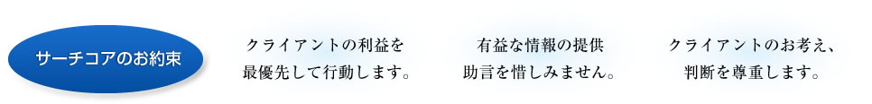 サーチコアのお約束 クライアントの利益を最優先して行動します。 有益な情報の提供、助言を惜しみません。 クライアントのお考え、判断を尊重します。